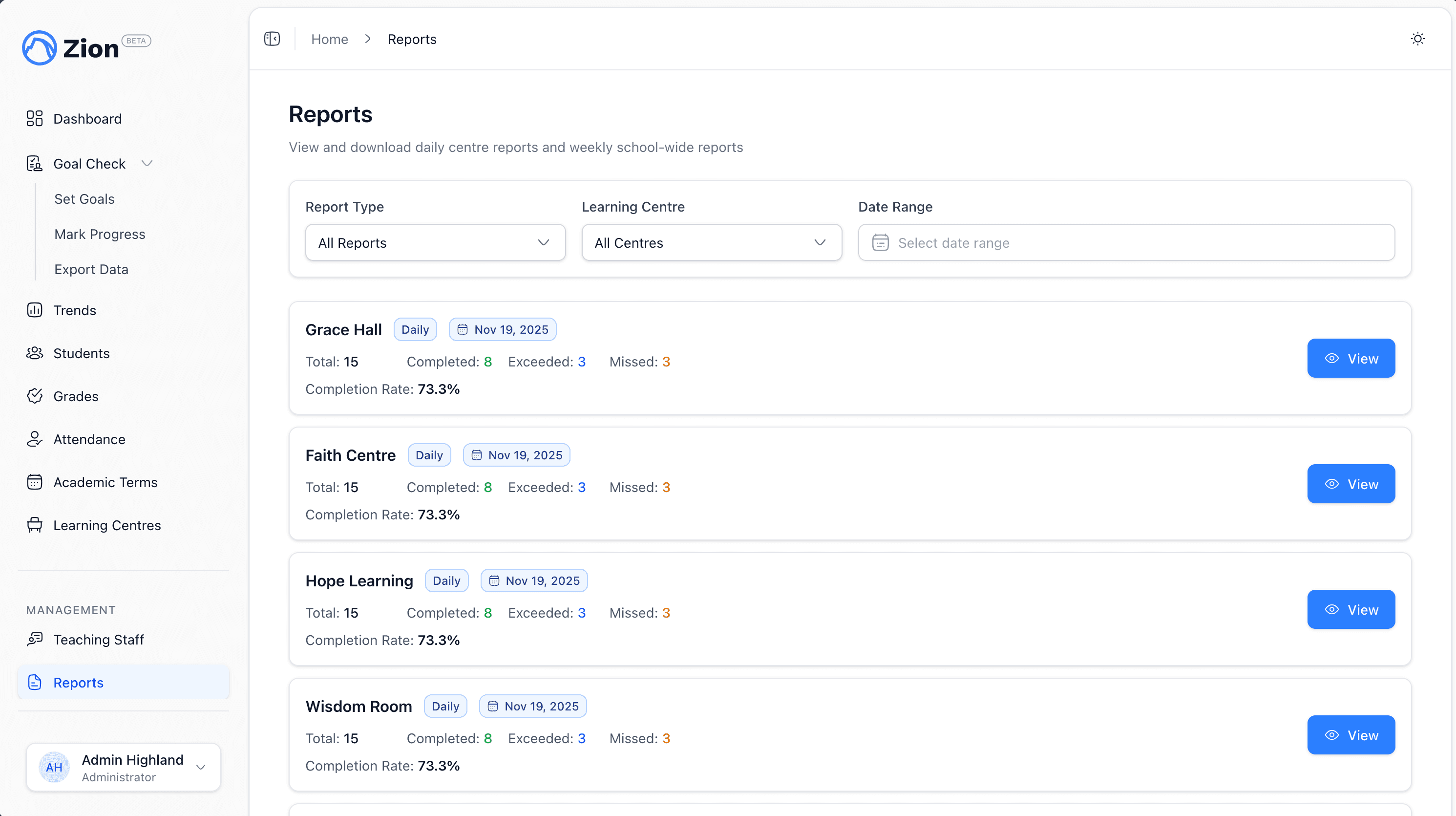 Zion Dashboard Preview